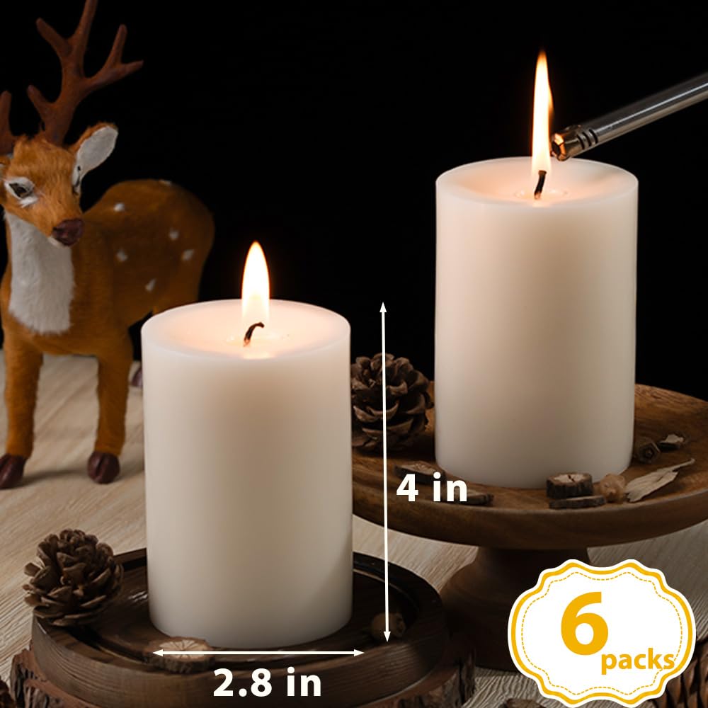 Unscented White Pillar Candles, 6 Packs, Long Clean Burning Pillar Candle for Emergency, Dripless and Smokeless Classic White Candle for Dinnig Table, Home Decor, Church, Christmas, 2.8x4 Inch