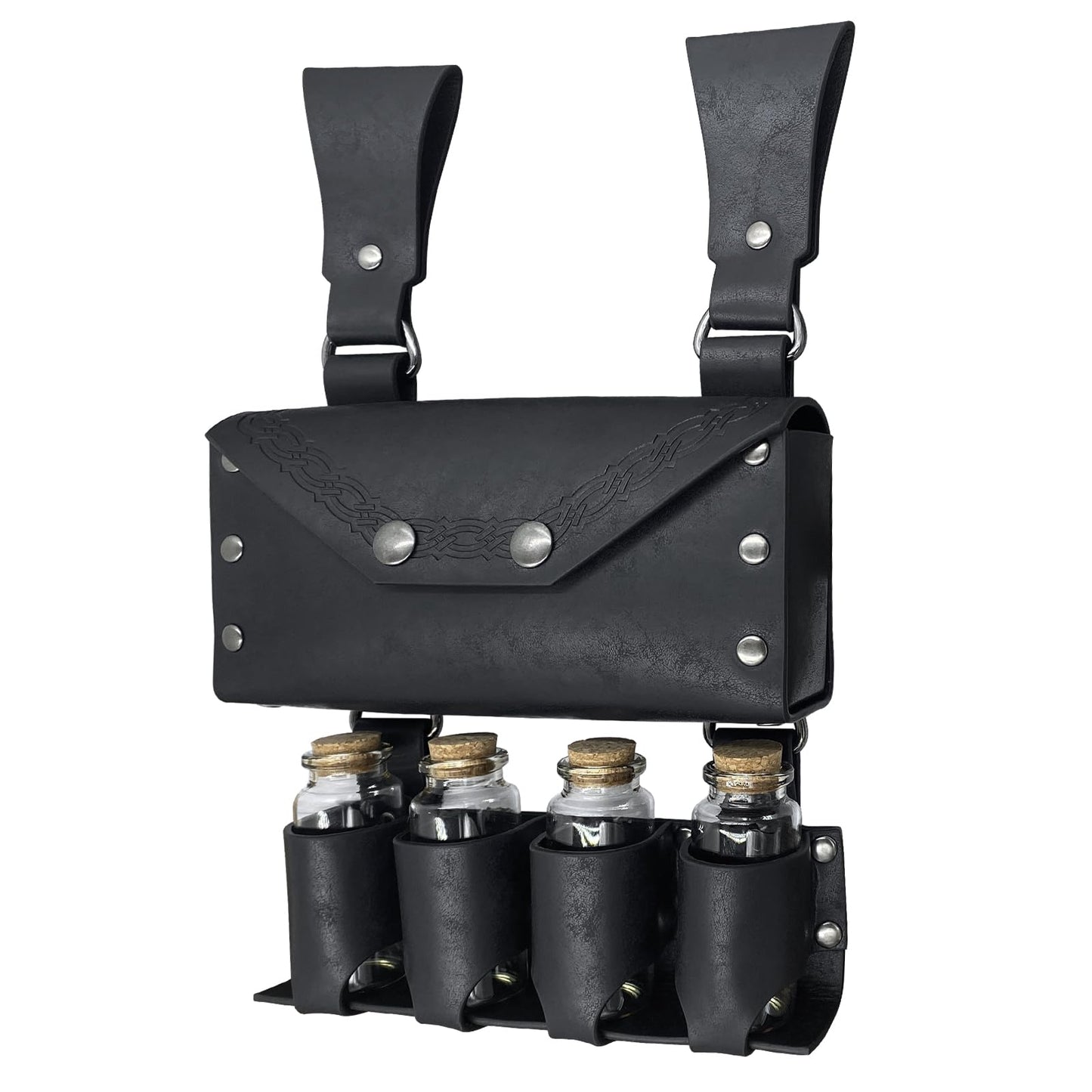 HiiFeuer Medieval Alchemy Faux Leather Belt Bag with 4 Cork Potion Vials, Fantasy Wizard Waist Pouch Side Pack for Ren Faire (Black A)