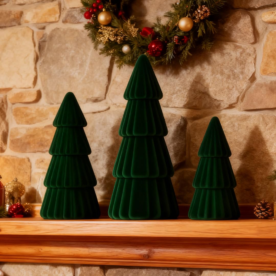 Joyhalo Tabletop Christmas Trees, Set of 3 Velvet Christmas Trees Indoor Xmas Decoration Centerpieces for Table, Mantel, Holiday, Party and Home Decor, Green