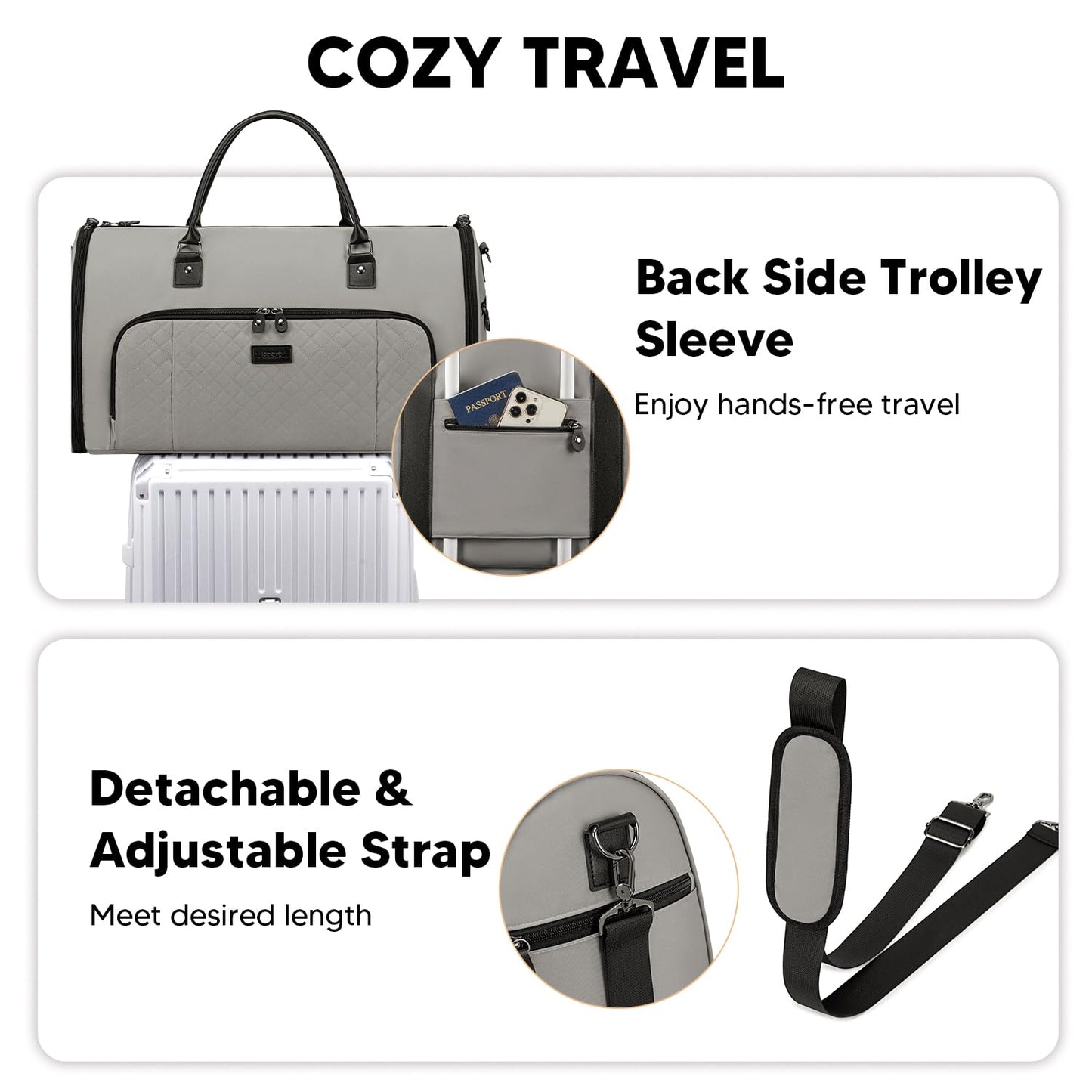 Vessgra Garment Bag for Airplane Travel, Carry On Garment Duffle Bags for Women, 2 in 1 Travel Suit Bag with Shoes Compartment Carry on Bag Hanging Garment Bag Travel with Shoulder Strap,Grey