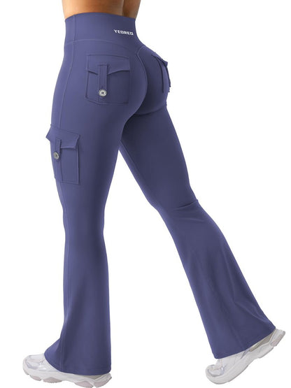 YEOREO CoreFlex Women Workout Flare Leggings with Pockets Hidden Scrunch High Waisted Cargo Gym Yoga No Front Seam Leggings Dark Blue L