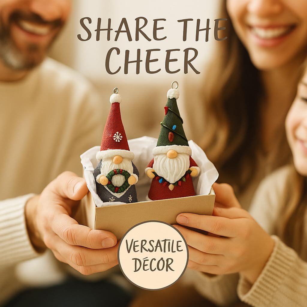 2-Pack Christmas Gnomes Hanging Ornaments, Hand-Painted Resin Decorations with Elastic Hanging Cord Lightweight Scandinavian Xmas Ornaments for Christmas Tree, Mantel & Gifts (Gnomes)