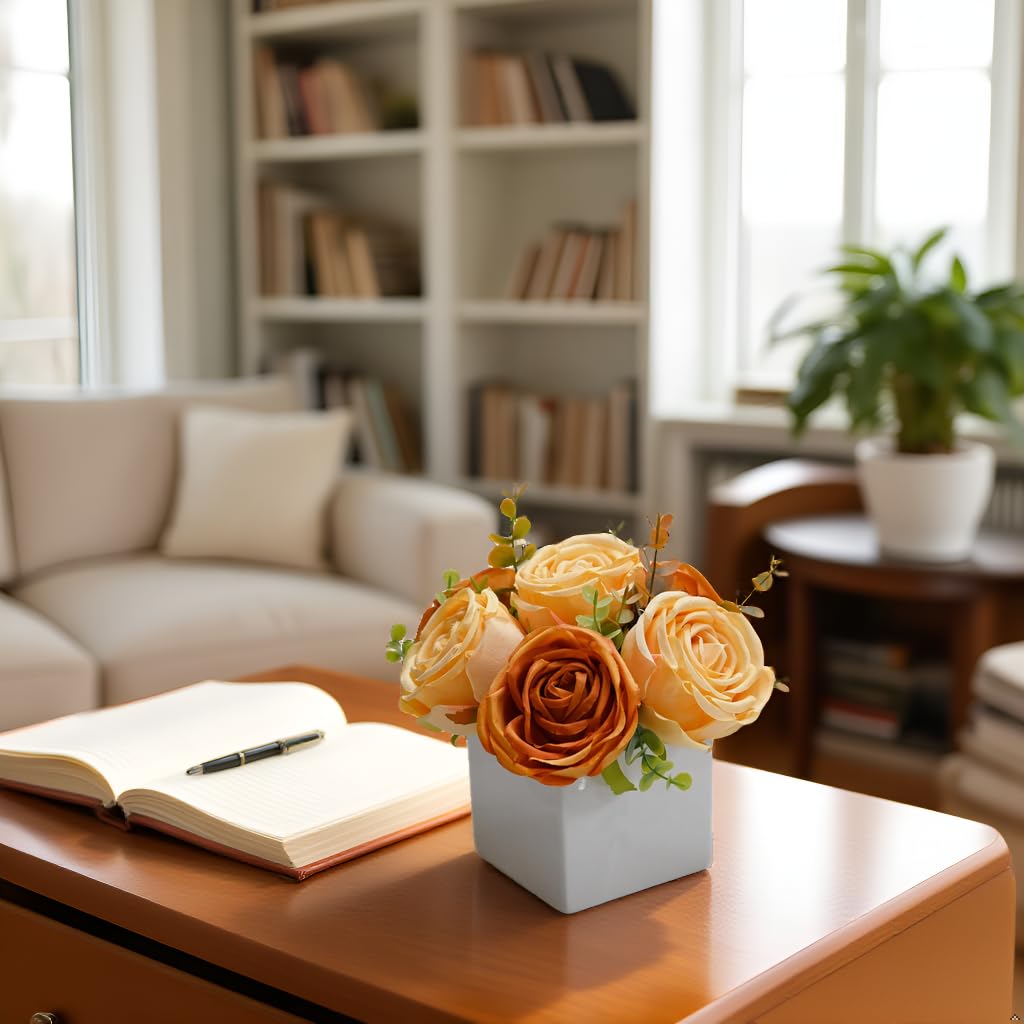 LADADA Artificial Roses in White Ceramic Vase, Faux Silk Flowers with Eucalyptus, Fake Floral Centerpiece for Home Wedding Party Table Decor