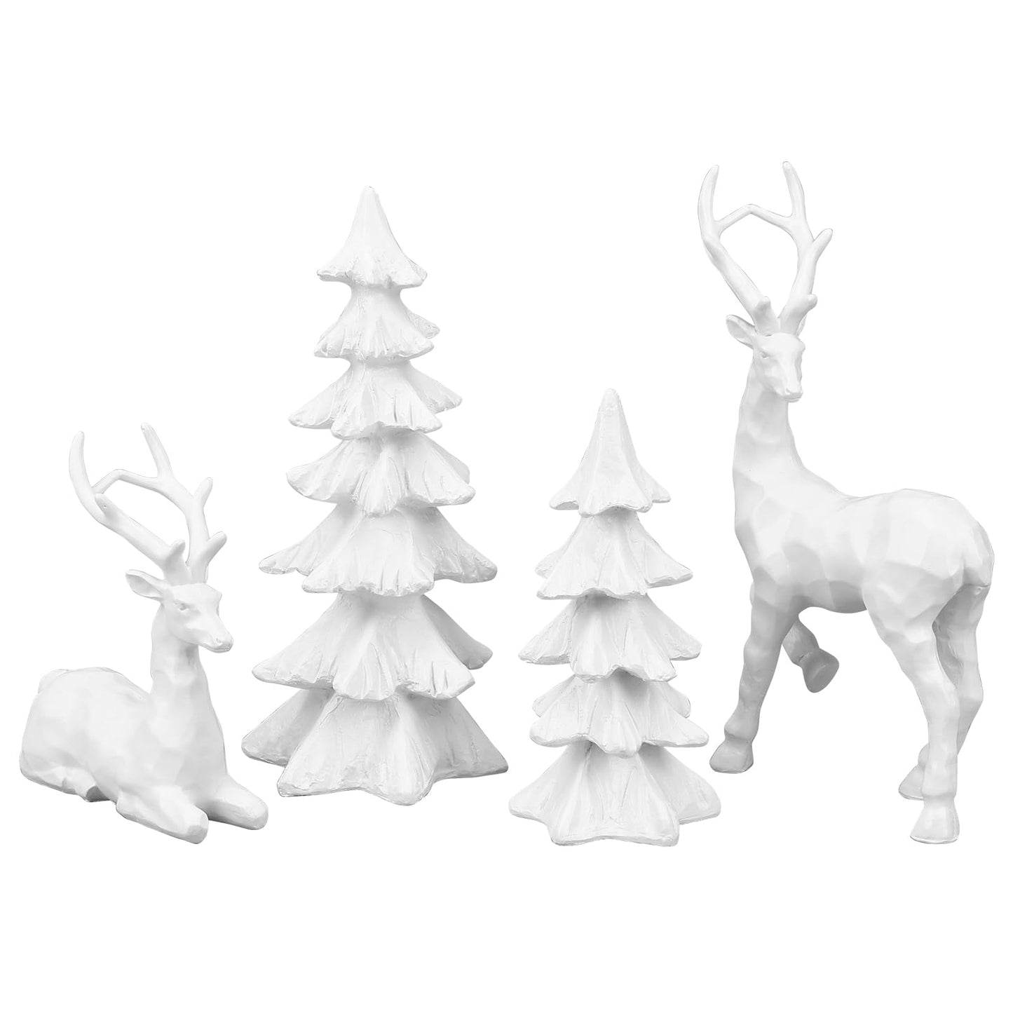 2 Pcs Christmas Tree Figurines and 2 Pcs Christmas Reindeer Figurines, White Tabletop Christmas Decorations Resin Christmas Tree and Elk Statues for Table Centerpieces Desk Shelf Fireplace Decor