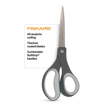 Fiskars 8" Comfort Grip Titanium All Purpose Scissors, Sharp Stainless Steel Blades for Everyday Cutting Tasks, Home, Office, and Arts & Crafts, Gray