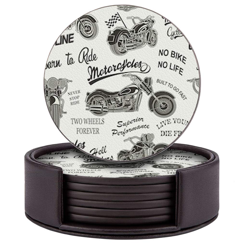 Set of 6 Round Leather Coasters with Holder for Bar, Drinks, Coffee (Motorcycle Silhouette Pattern)