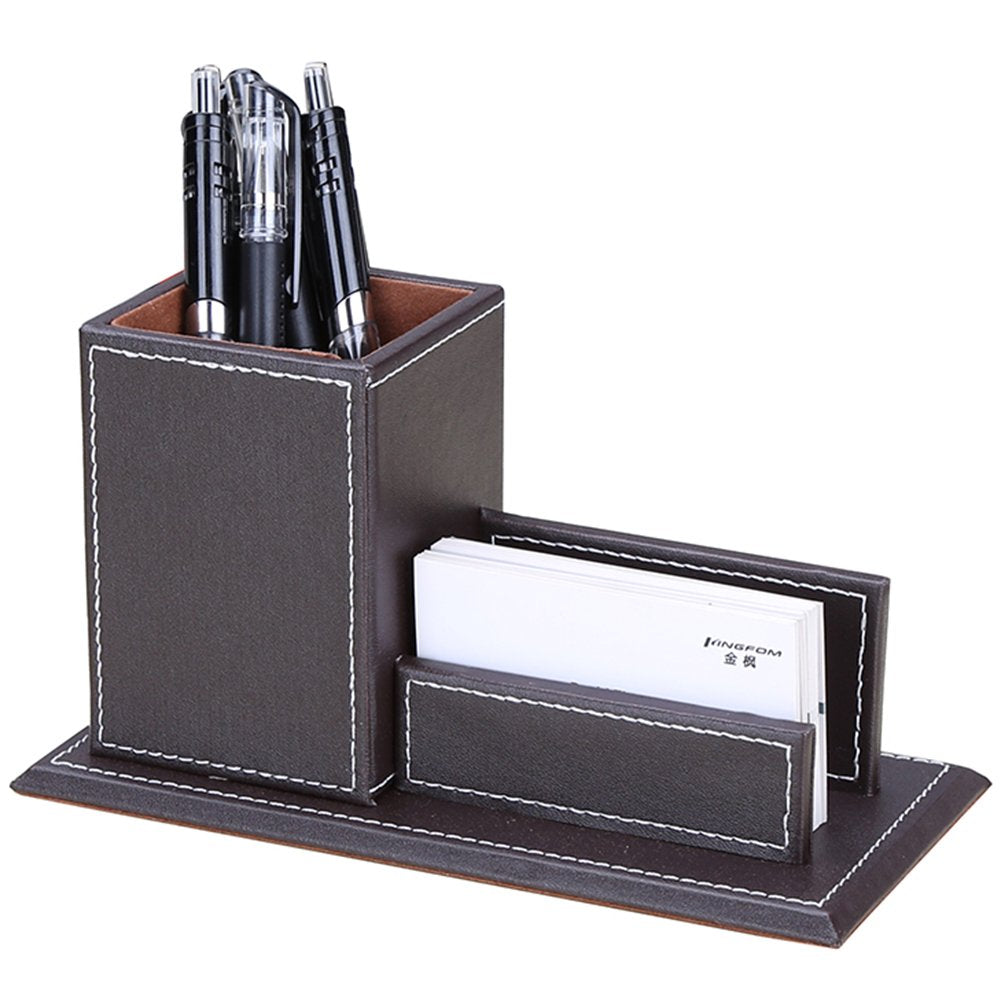 KINGFOM PU Leather Desk Organizer and Accessories, Pencil Holder for Desk with Business Cards Stand, School Office Supplies Collection Caddy Brown