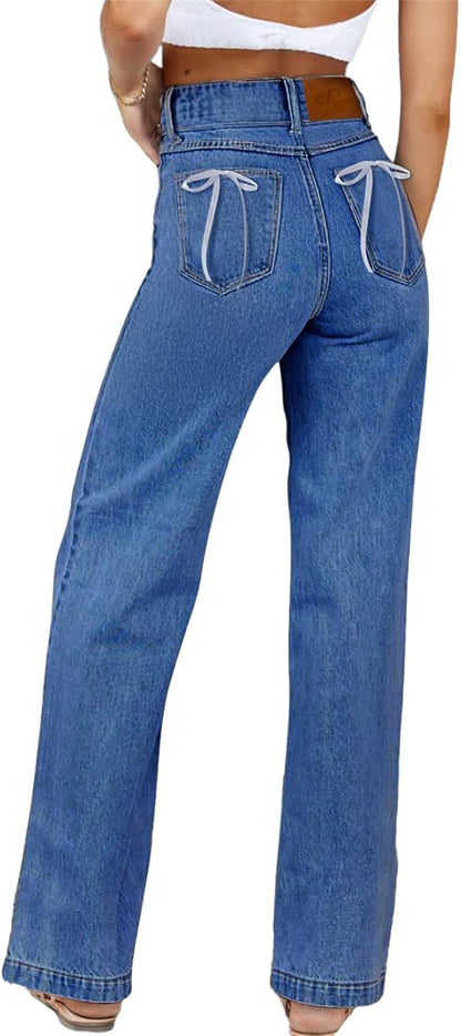 Sidefeel Women's Jeans High Waisted Straight Leg Stretchy Jeans Trendy Welt Pockets Loose Wide Leg Zimbaplatinum Denim Pants