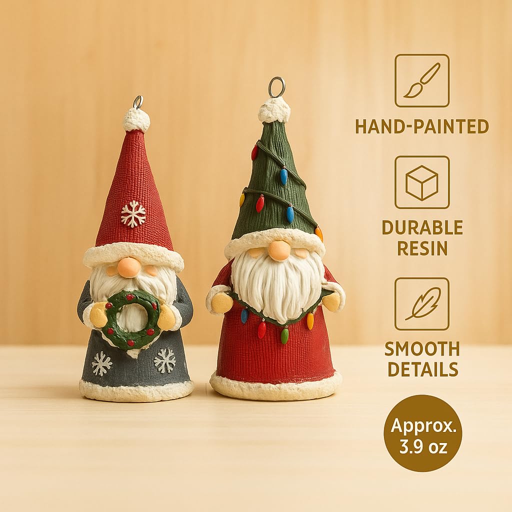 2-Pack Christmas Gnomes Hanging Ornaments, Hand-Painted Resin Decorations with Elastic Hanging Cord Lightweight Scandinavian Xmas Ornaments for Christmas Tree, Mantel & Gifts (Gnomes)