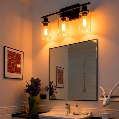 MELUCEE Bathroom Vanity Light Fixtures 24 Inches Length 3 Lights Wall Sconce Black with Clear Glass Shade for Bedroom Living Room Hallway Kitchen (Patent No.: US D963914 S)
