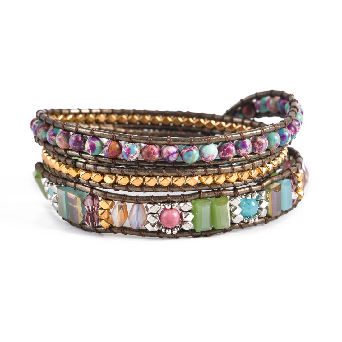 YGLINE Boho Handmade Wrap Leather Tube Crystal Stone Bracelet for Women (3 wrap-mix stone)