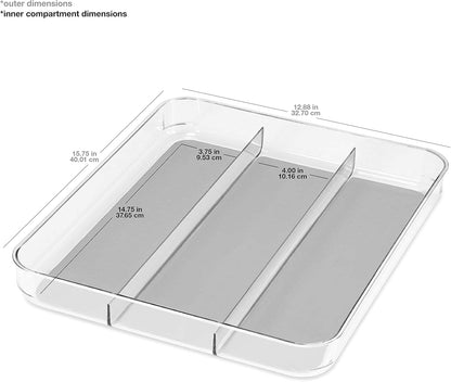 madesmart Classic Large Utensil Tray, Soft Grip, Non-Slip Kitchen Drawer Organizer, 3 Compartments, Multi-Purpose Home Organization, BPA Free, White