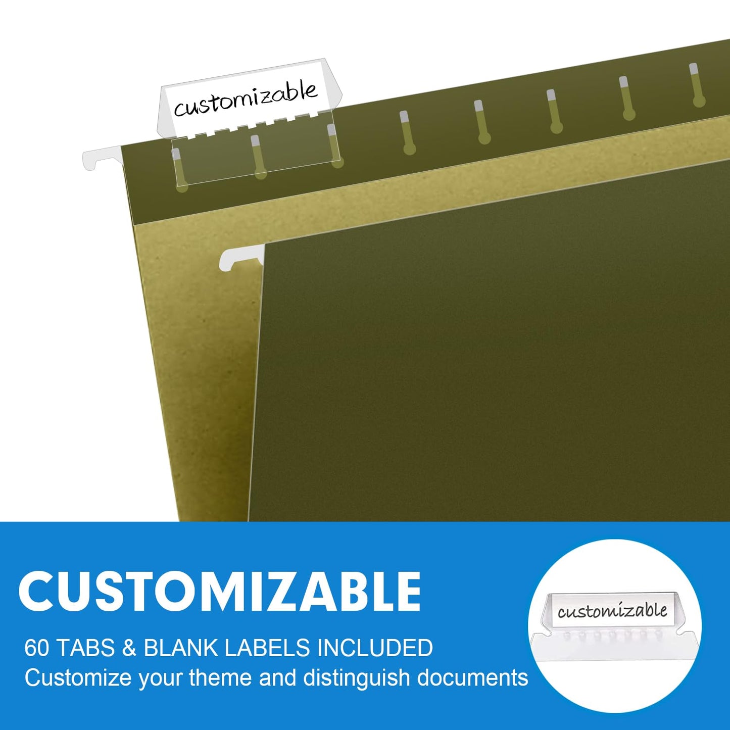 Extra Capacity Hanging File Folders, RAZCC 60 Pack Letter Size Reinforced Hanging Folders with Heavy Duty 3 Inch Expansion for Bulky Files, Filing Cabinet, Adjustable Tabs, Green