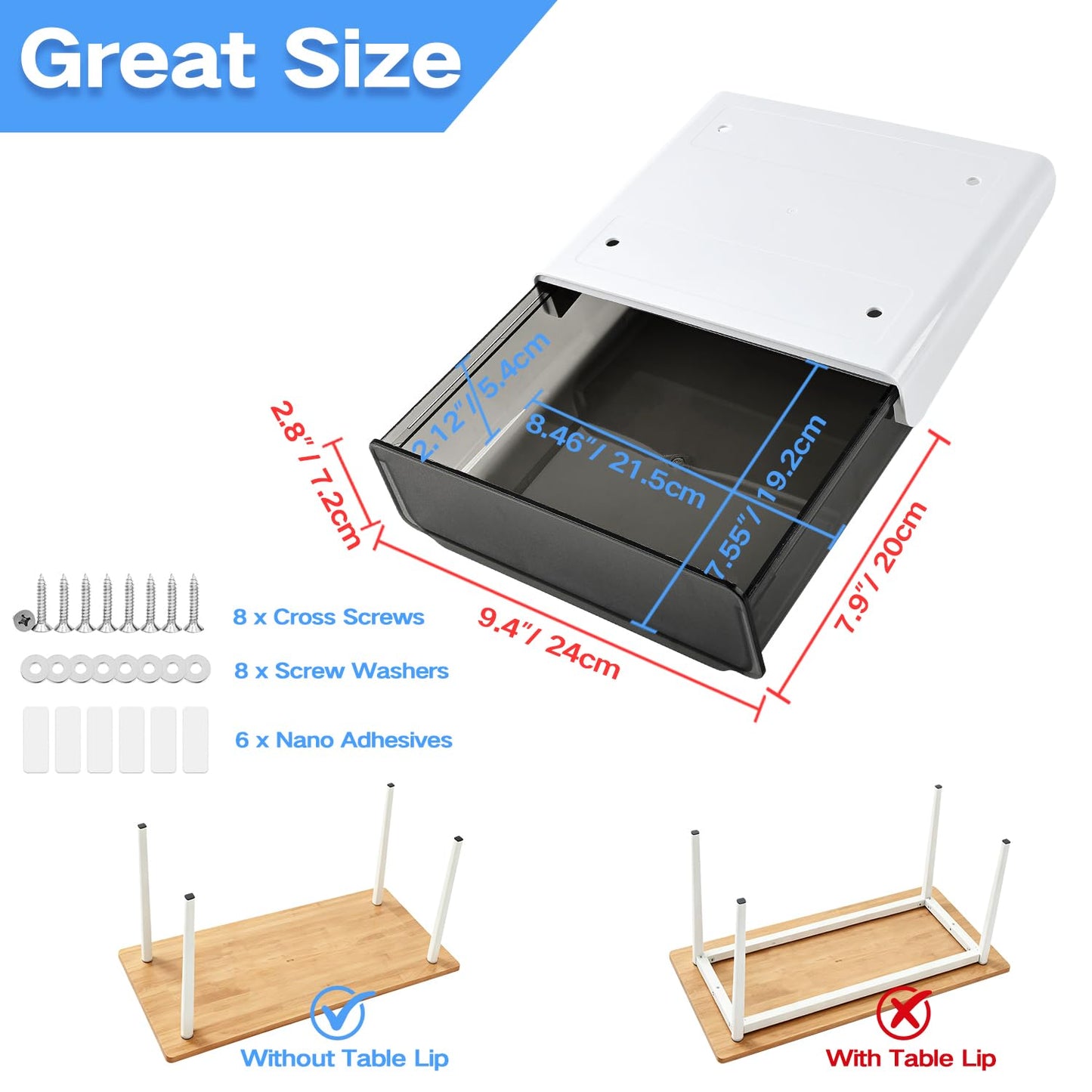 OSPNIEEK Self-adhesive Under Desk Drawer Organizer, 2 Pack Table Hidden Slide Out Large Storage Mounted Desktop Pencil Holder Tray Drawers for Office Home School Stationery Kitchen (Large, Black)