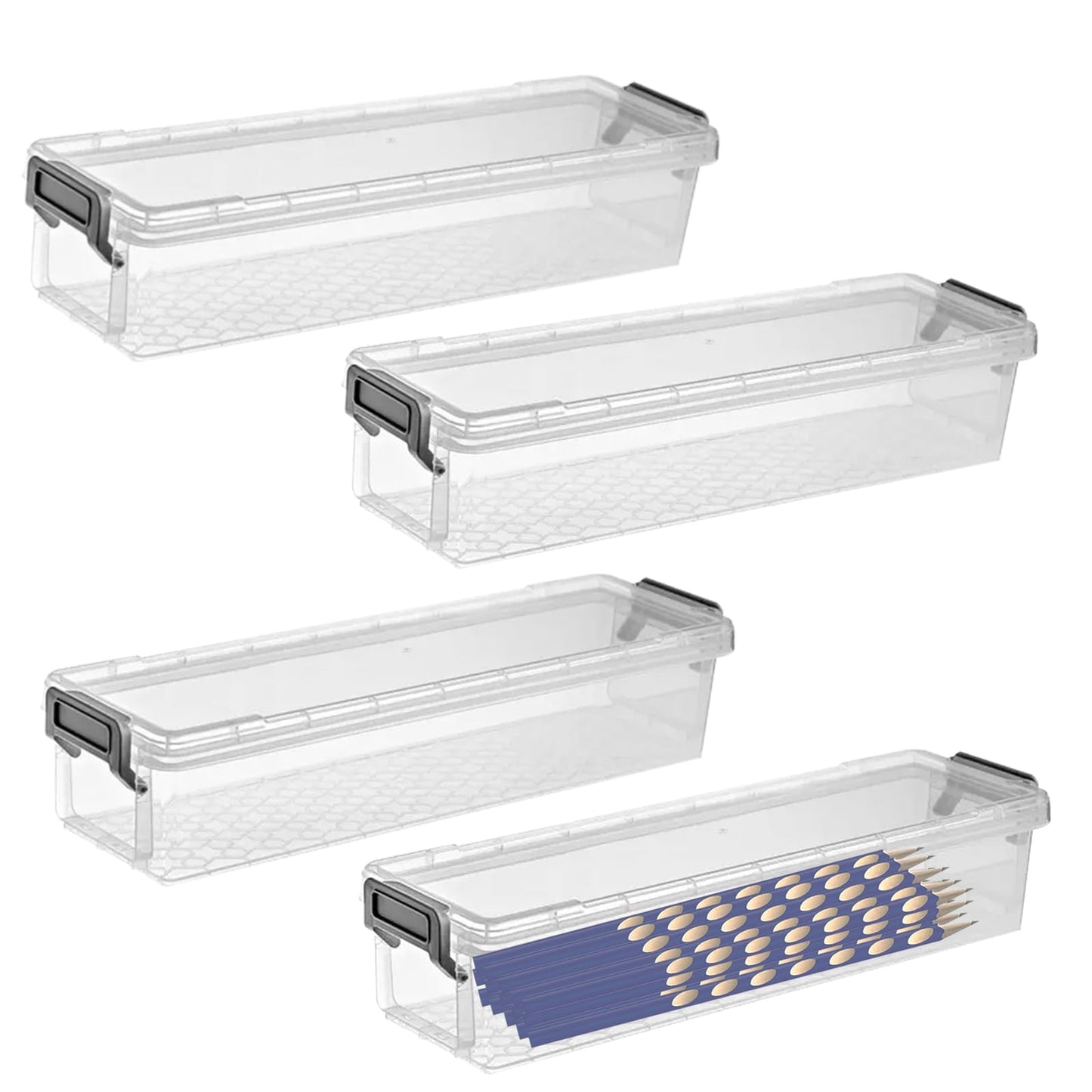 Chistepper 4 Packs Extra Long Pencil Box Large Capacity Pencil Case Clear Plastic Storage Container Long Paint Brush Storage Box Plastic Pencil Holder with Latching Lids (Transparent + Grey)