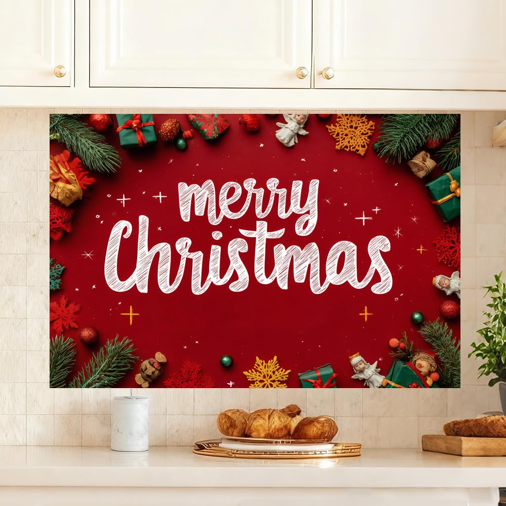 Kitchen Wall Decals 35.5x23.6 Inch Merry Christmas Lettering with Gifts Snowflakes and Pine Branches Peel and Stick Wall Stickers for Kitchen Living Room Holiday Home Decoration Removable