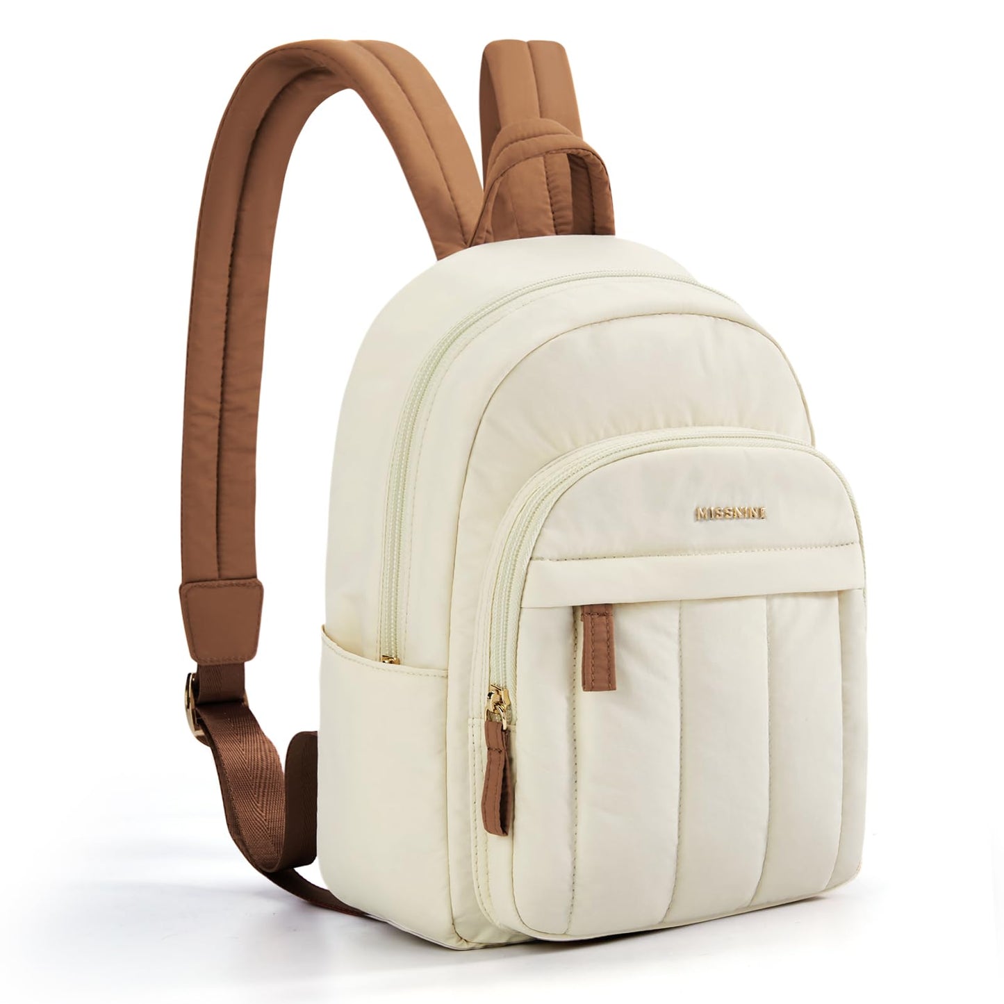 Missnine Mini Small Backpack for Women, 8.6" L×4.3" W×14.4" H, Lightweight Quilted Small Backpack Purses, Puffer Daily Purse Water-resistant Brown+Beige