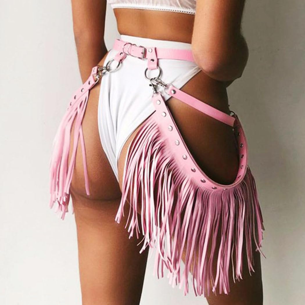 Zoestar Cowgirl Fringe Belt Leather Tassel Belts Fashion Rave Harness Waist Belt Cowgirl Costume Accessories for Women (Pink)