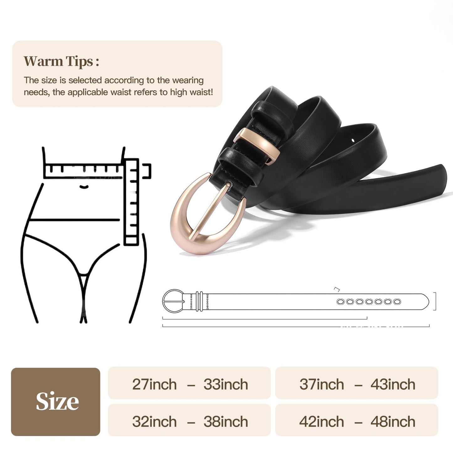KONQUWA Women's Cow Leather Belt for Jeans Pants Fashion Ladies Skinny Dress Waist belt with Gold Buckle (Black/Gold Buckle,37″-43″)