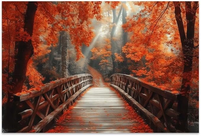 Yesad Autumn Bridge Canvas Wall Art, Fall Wall Art Room Décor Natural Posters Autumn Pictures Prints Wall Décor for Living Room Bedroom (Unframed,36”x24”,Bridge)