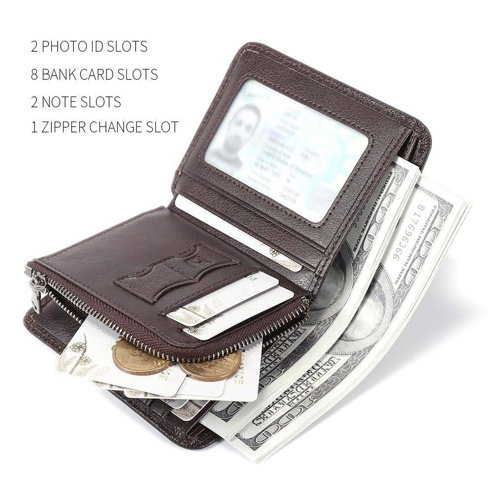 ZYLOXAR Genuine Leather Wallet for Men Zipper RFID Blocking Durable 8 Card Slots 2 ID 2 Cash Compartments High Capacity Organizer (Coffee)