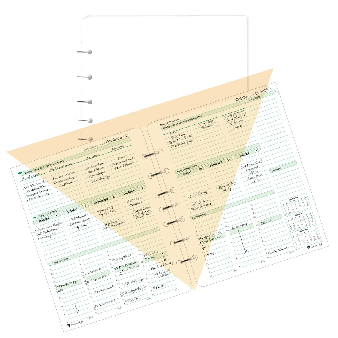 Planner Pad 7 Hole Loose Leaf 3-Tier Funnel Down 12 Month Organizer, October 2025 – September 2026, Soft Green Ink, 6 3/4" x 8 1/2"