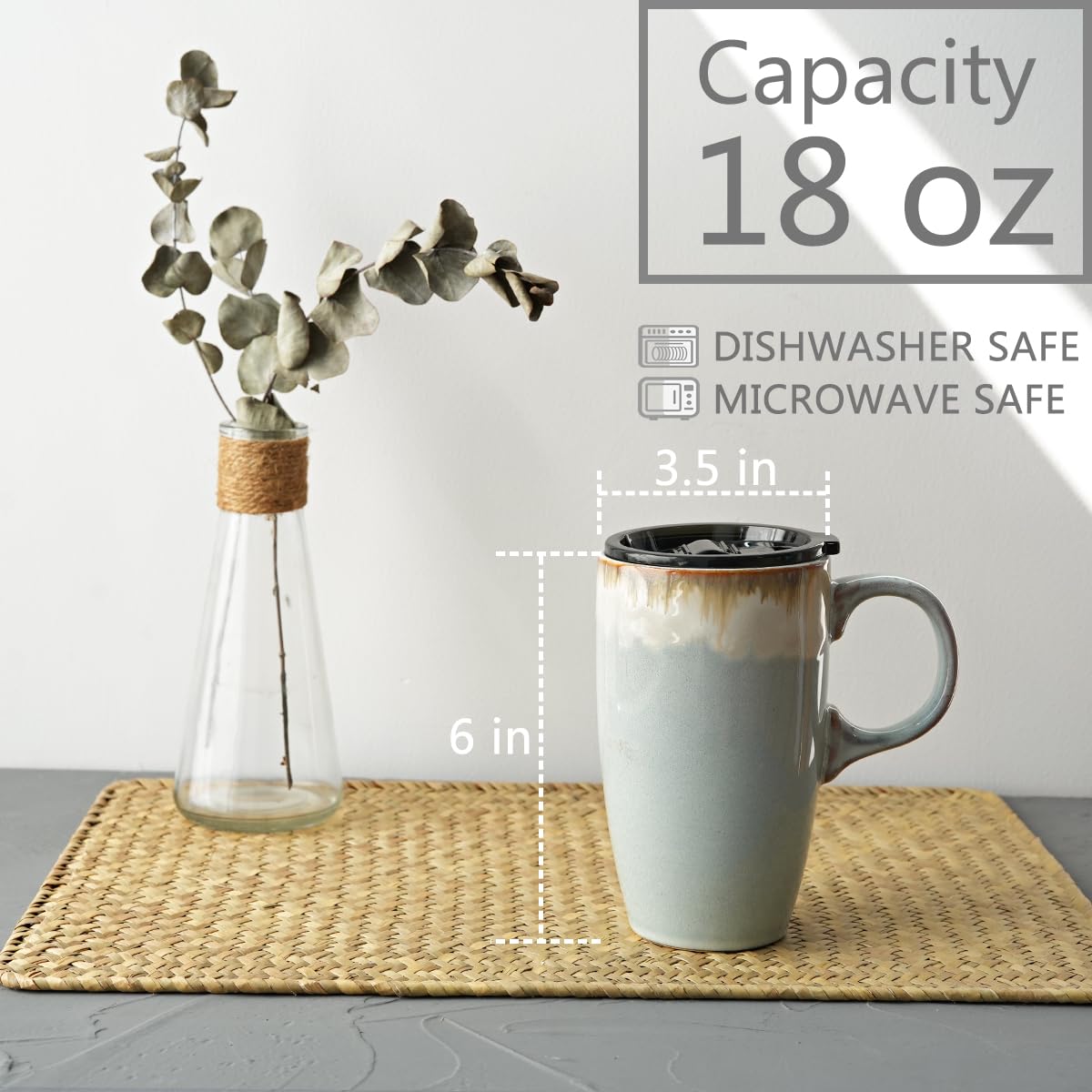 Bosmarlin Ceramic Travel Coffeel Mug with Handle and Lid, 18 oz, Portable Coffee Cup for Car Cup Holder, Microwave and Dishwasher Safe, Reactive Glaze (Light Grey Blue)