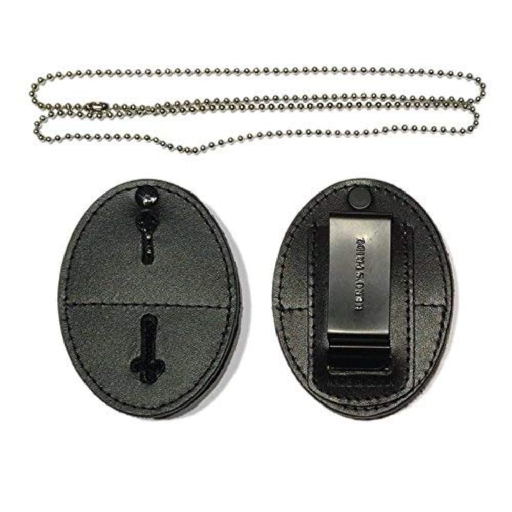 Hero's Pride Universal Oval Badge Holder, Standard Issue Leather Shield Case, Spring Clip and Neck Chain, Hook Fastener, 2-5/8" x 3-5/8" (Badge Not Included)