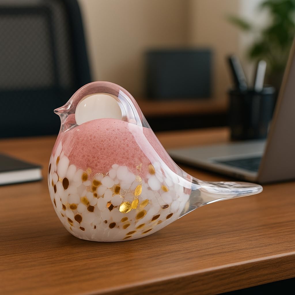 WUBIANJIE Hand Blown Glass Bird Statue Collectible Animal Art Paperweight, Living Room Bedroom Bookshelf Coffee Table Small Ornaments Shelf Home Decoration (Pink)