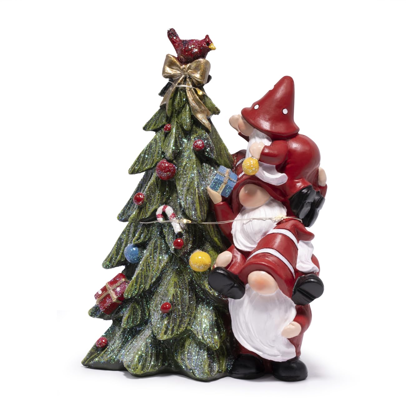 Hodao Christmas Tree Figurine Decorations — Lighted Hand-Painted Resin Gnomes Climbing with Cardinal, Tabletop Decor for Family or Friends | Mantel, Shelf, Living Room Display