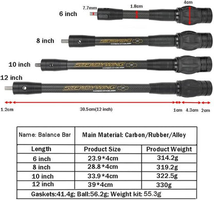 Archery Bow Stabilizer - Carbon Fiber Balance Bar with Damping System | 6-15 Inch Options