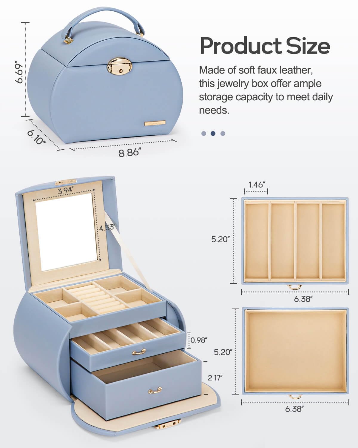 Homde Girls Jewelry Box Jewelry Storage Case Organizer Faux Leather with Mirror for Rings, Earrings, Bracelets, Necklaces (Grey Blue) - Gifts for Mother's Day