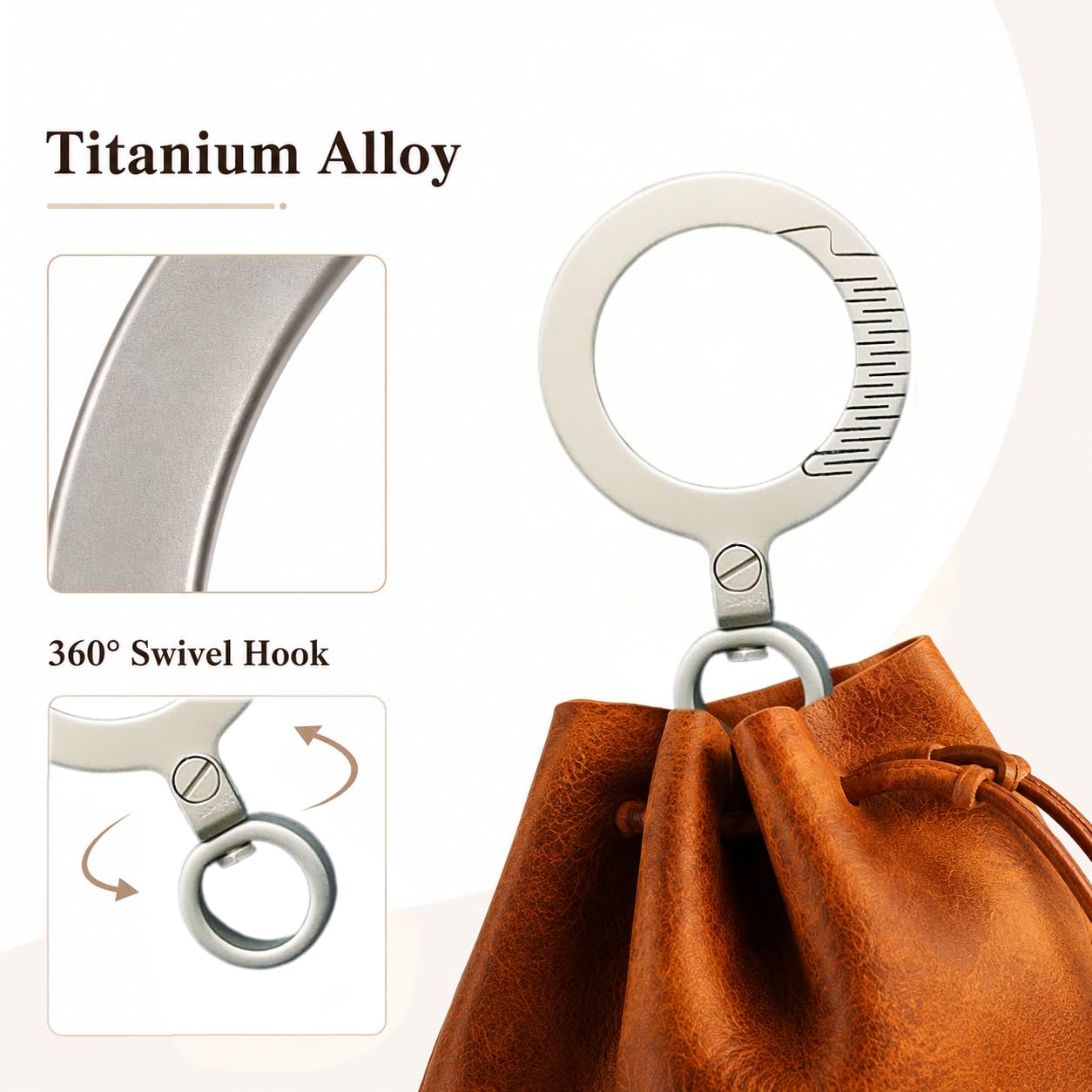 SICOPERT Mini Leather Drawstring Coin Purse with Titanium Alloy Key Ring, Genuine Crazy Horse Leather Small Pouch Keychain Wallet for Coins, Keys, Earbuds, Jewelry, Essentials, Gift for Women and Men