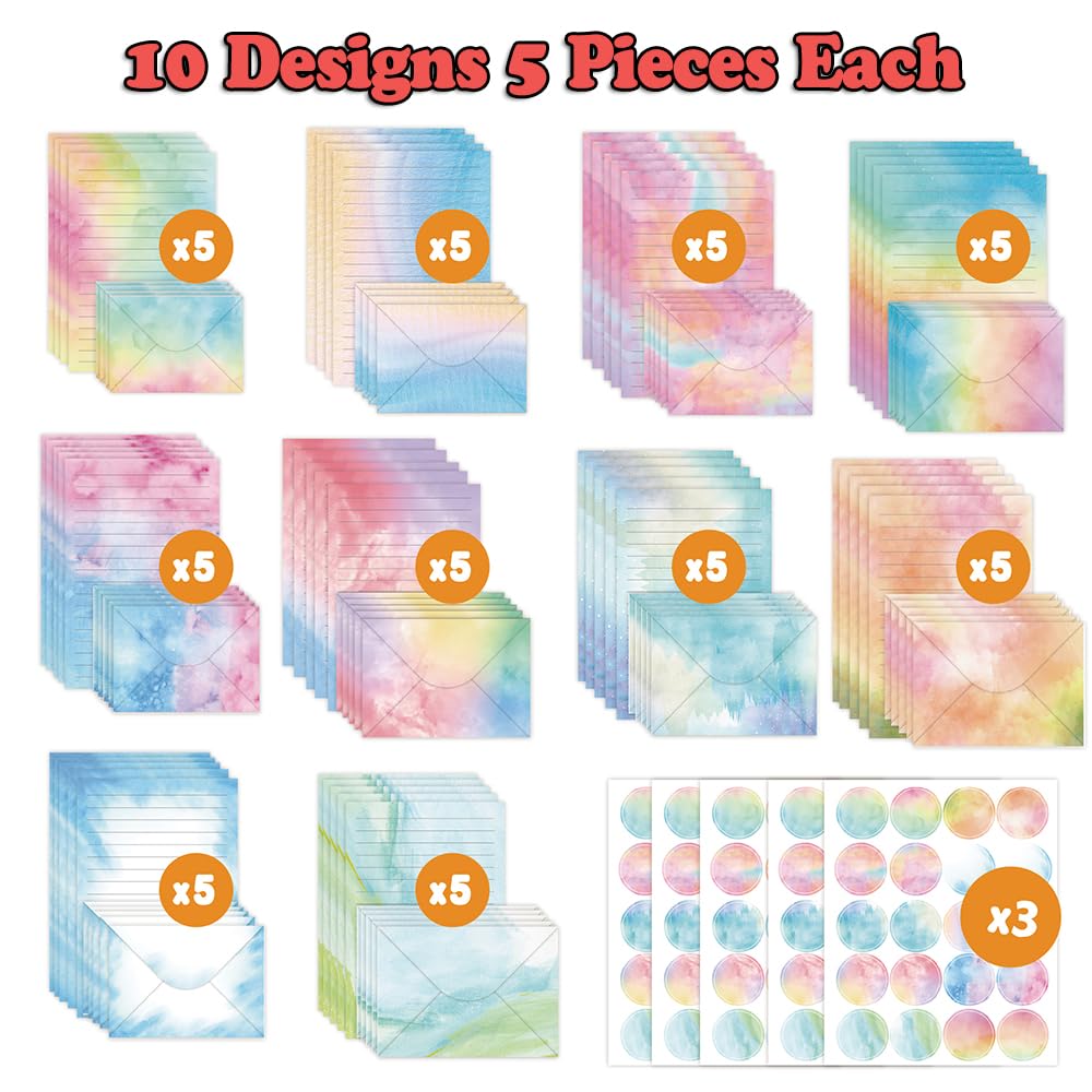 AUSTARK 160 Pieces Stationery Set (50 Pieces Lined Stationery Paper 8.25 x 5.5 Inch, 50 Pieces Envelopes, 60 Sealed Stickers) for Letter Writing (Watercolor)