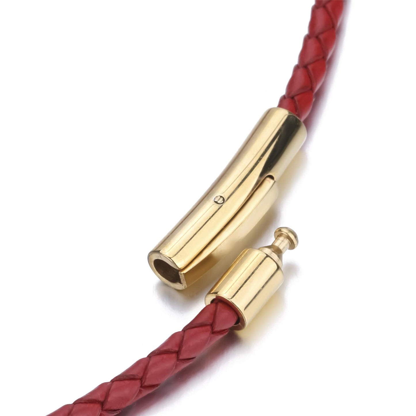 ELFASIO 3mm Mens Womens Red Braided Leather Cord Gold Stainless Steel Secure Clasp Necklace Chain 18 inch