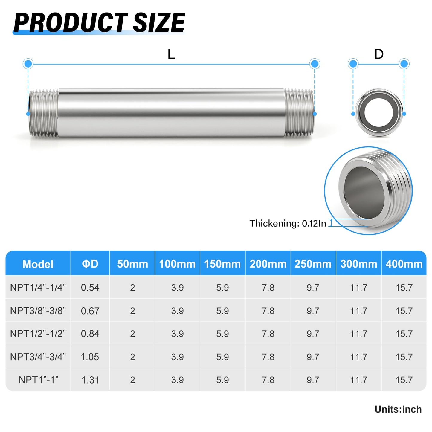 TAILONZ PNEUMATIC 1" NPT Male x 1" NPT Male 304 Stainless Steel Pipe Nipple, 10" Length Thickened Cast Pipe Fitting, Threaded Connector（Pack of 3）