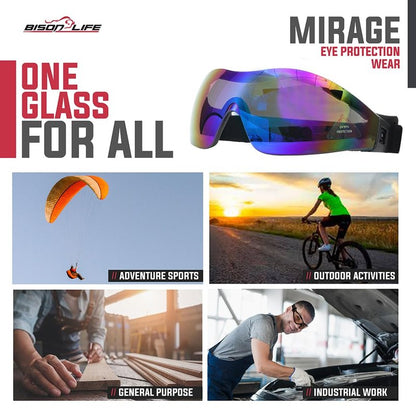 Mirage Vented Safety Goggles - UV Protection Eye Gear for Outdoor Activities | Blue Mirror, Adjustable Band, Dustproof