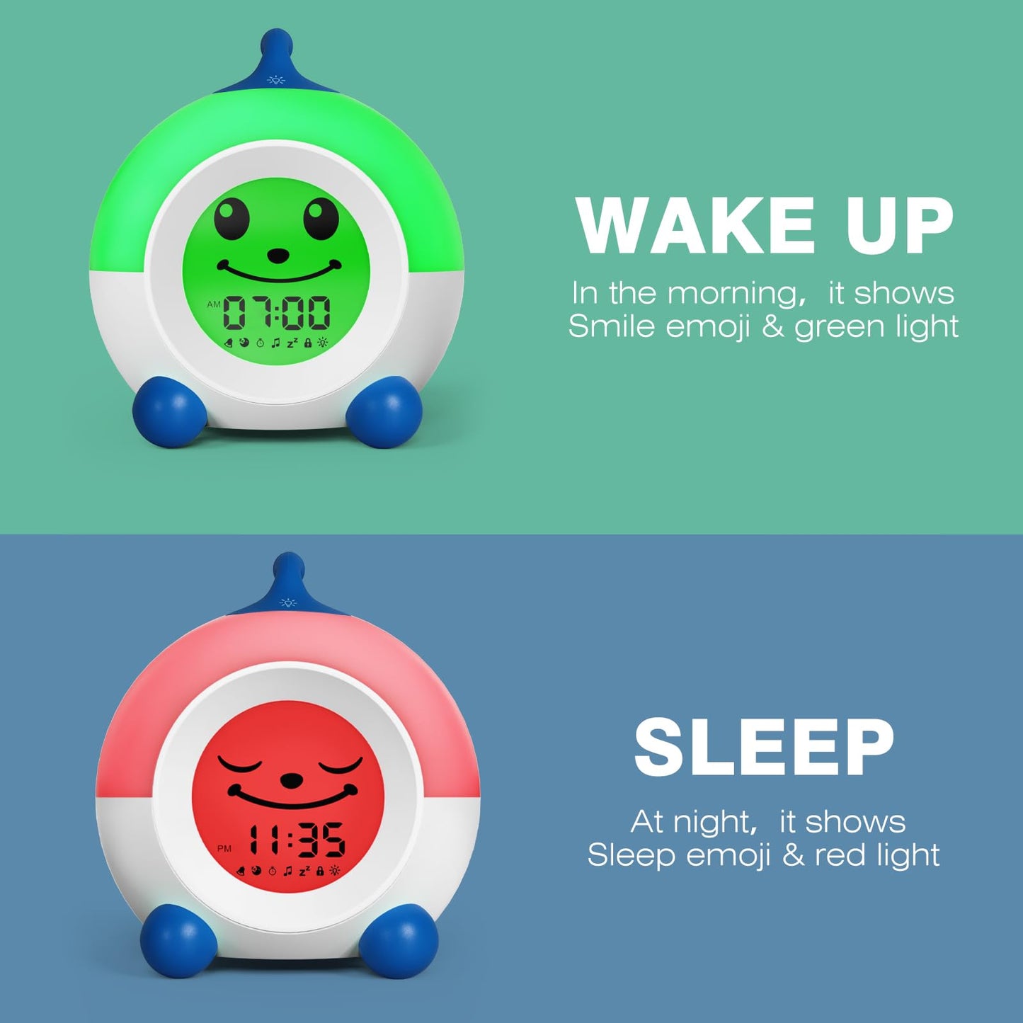 I·CODE Ok to Wake Alarm Clock for Toddlers, Children's Sleep Trainer with Red Green Light & Emoji,Toddler Sleep Aid Night Light with Auto-Off Timer, for 2-10 Years Old Kids