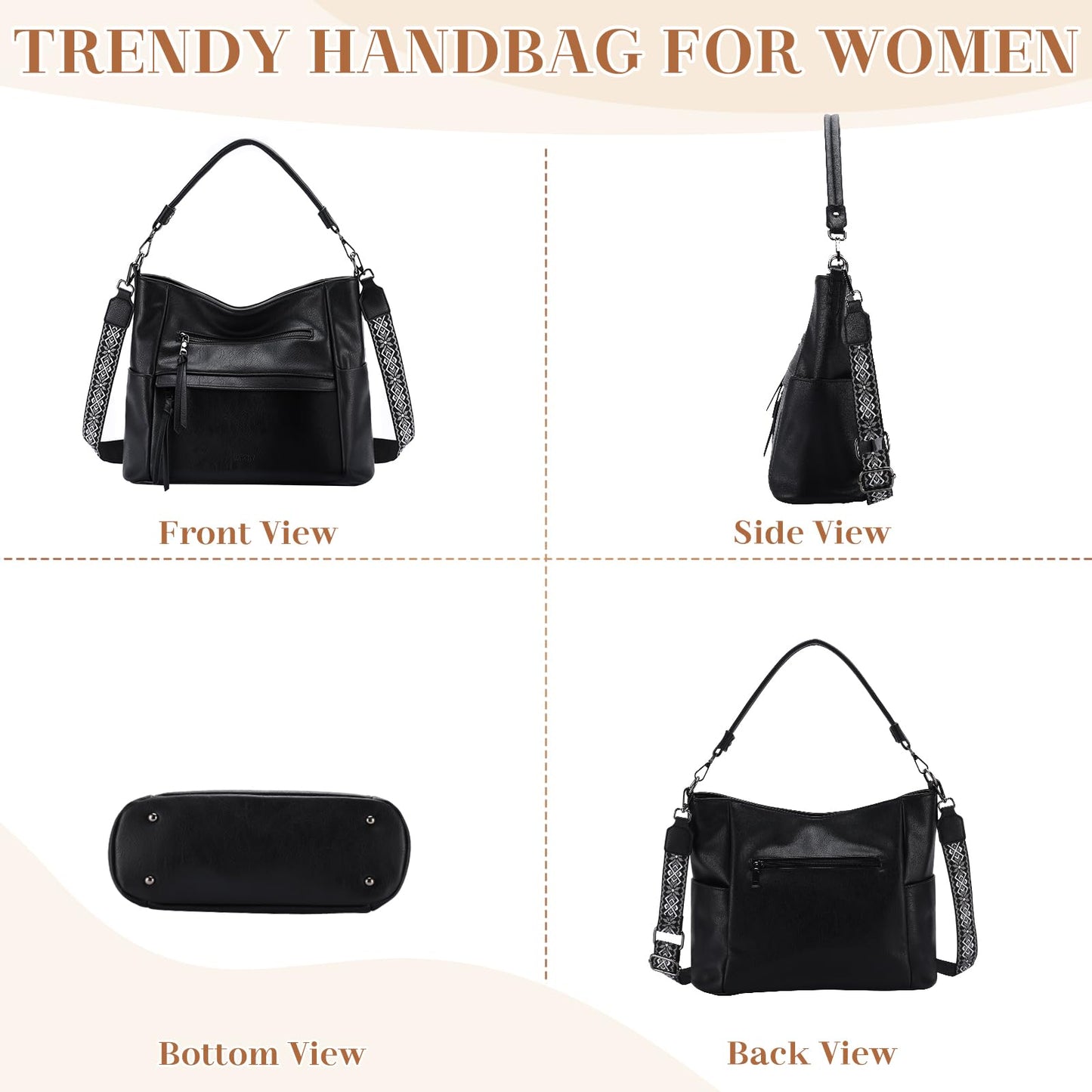 VASCHY Hobo Bag for Women, Roomy Leather Shoulder Purse with Wallet Set, Tote Bag with Guitar Strap, Ideal Gift for Women