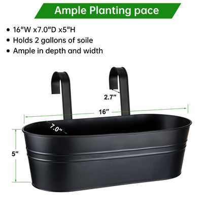 OGIMA Railing Planter Box, 3 Pack 16" Large Hanging Planters for Outdoor Plants with Adjustable Wide Hooks for 2.7'' Railings, Balcony Planters Railing Hanging for Deck, Fence & Patio Decor