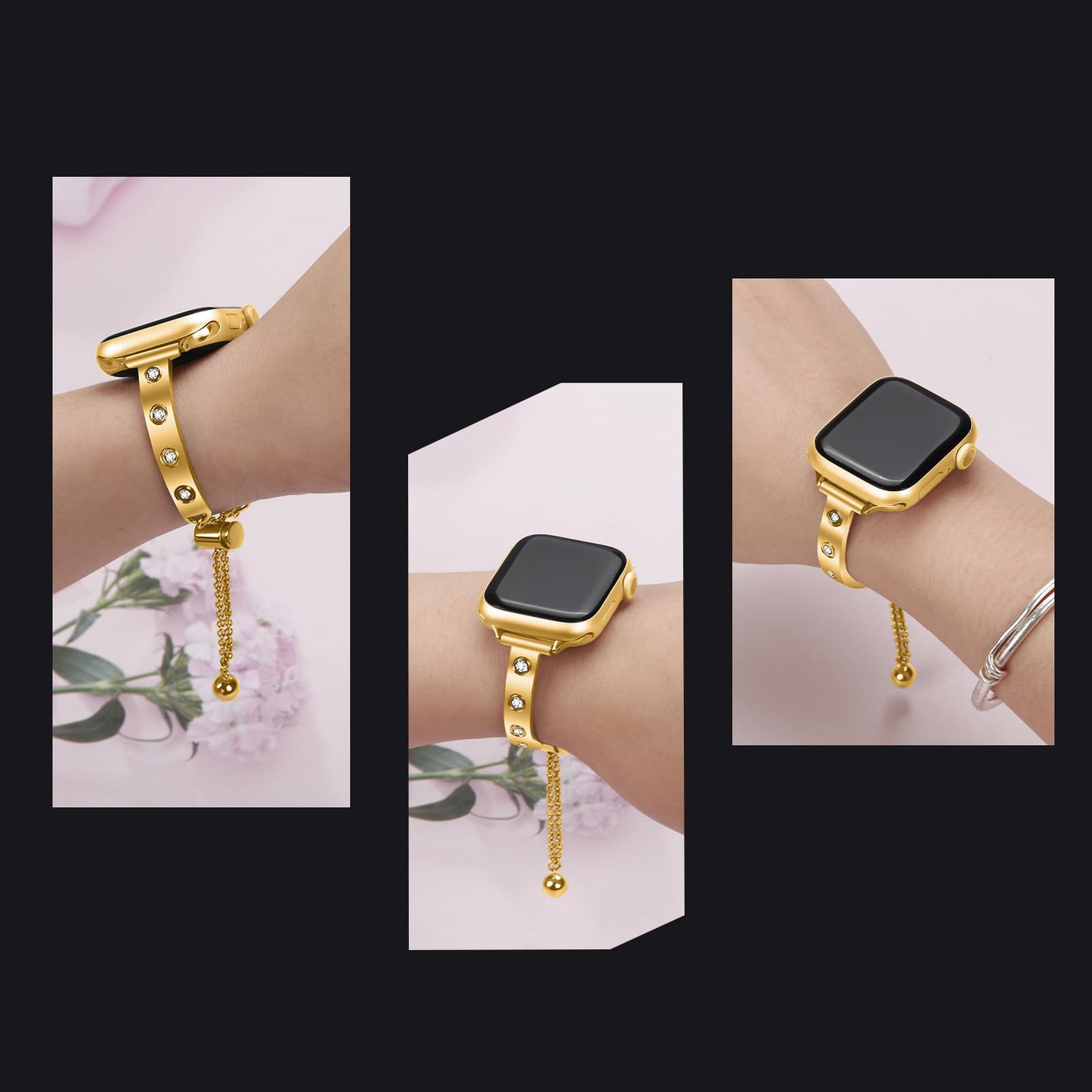 YouthRun Stainless Steel Band Compatible with Apple Watch 38mm 40mm 41mm 42mm 44mm 45mm 46mm 49mm Pretty Luxury Strap with Sparkle Diamond, Dressy iWatch Bracelet, Bling Thin Band for Women (Gold)