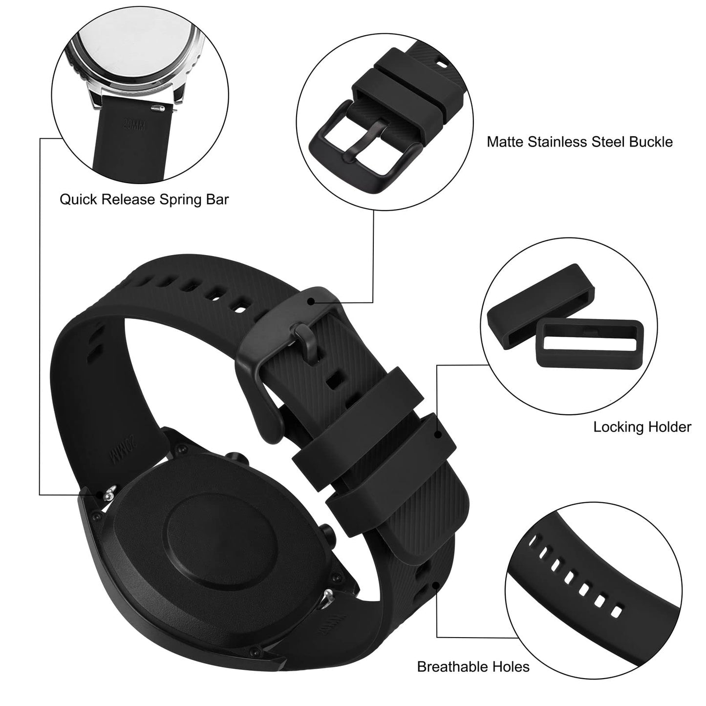 BISONSTRAP Watch Strap 19mm, Quick Release Silicone Watch Bands for Men Women (Black, Black Buckle)