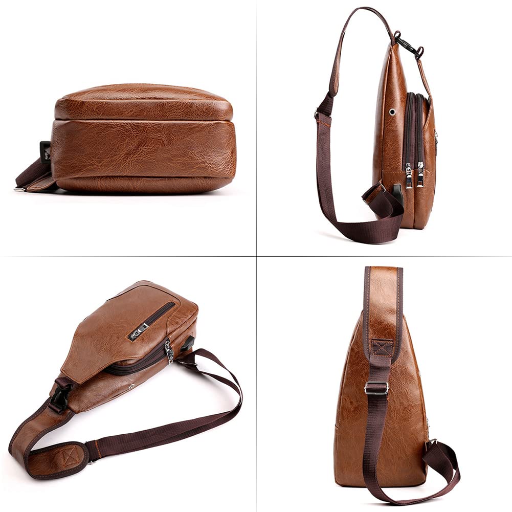 Peicees Leather Sling Bag Mens Crossbody Chest Bag Sling Backpack for Men with USB Charge Port