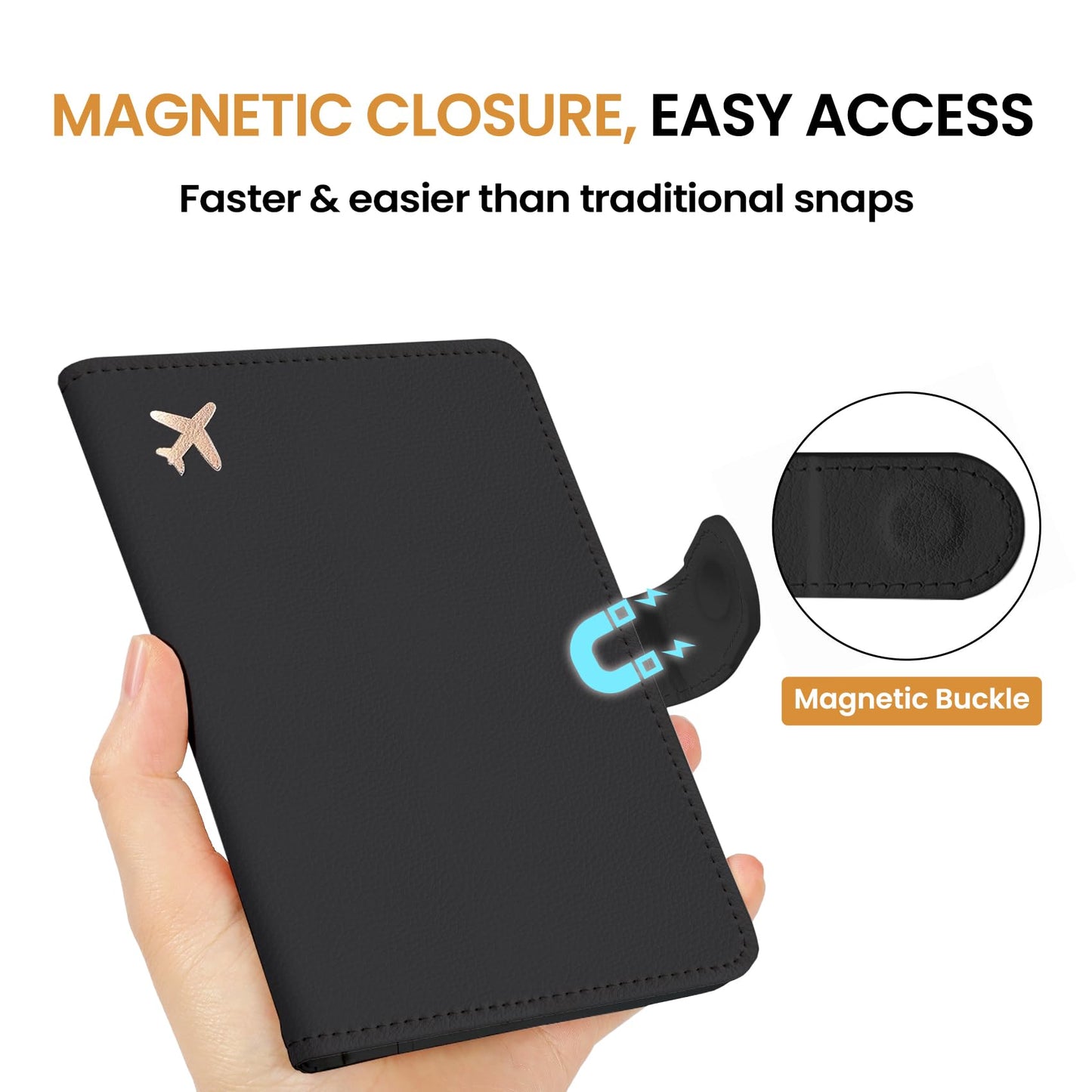Passport Holder for Travel Essentials, RFID Blocking Leather Cover Wallet with Magnetic Closure, Aesthetic & Cute Passport Book Case for Women and Men - Black