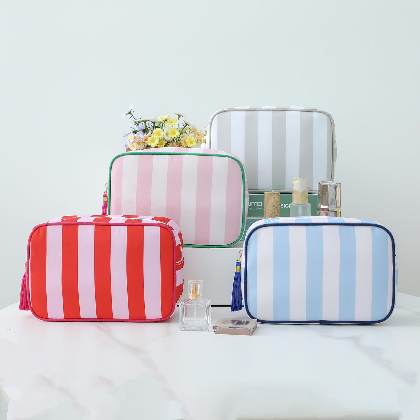 EMBRUNIOICE Stripe Makeup Bag Travel Cosmetic Bag Organizer Tassel Toiletry Bag Large Canvas Zipper Pouch and Accessories Storage Bag for Women (Red with Pink)