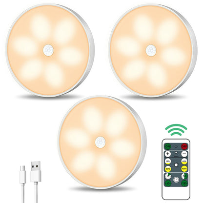 Warm Color LED Closet Lights Wireless Motion Sensor Step Light, USB Rechargeable Battery Operated Puck Lights with Remote, Dimmable Under Cabinet Counter Lighting for Wardrobe Kitchen (3 Pack)