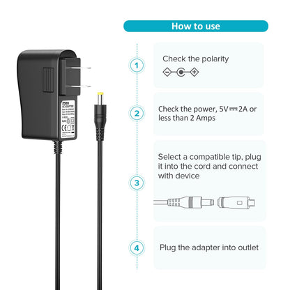 ZOZO 10W 5V 2A AC/DC Adapter Replacement 5Volt 2Amp Power Adapter Cord Charger Multi Tips for Tablet Webcam Router Toys Recorder TV Box USB Hub Bluetooth Speaker and More DC 5V Devices
