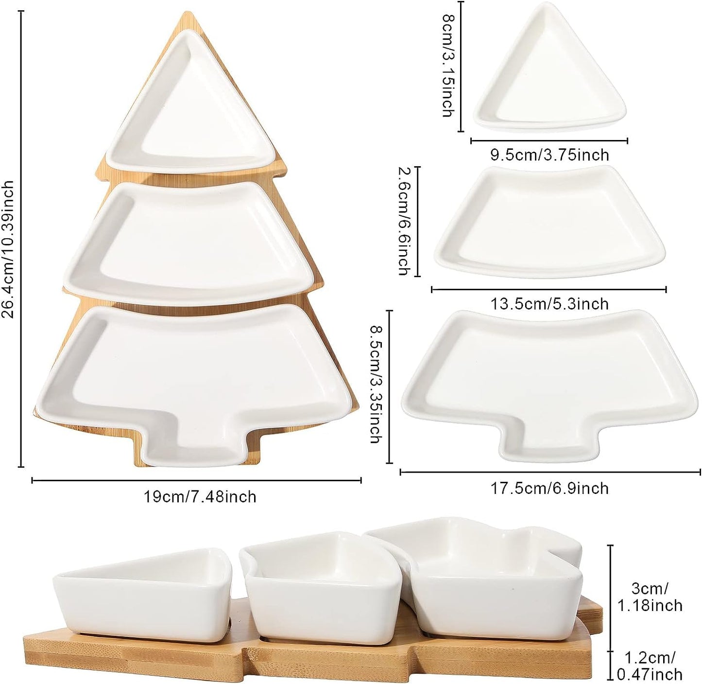 JiabaoPC 10.8 Inches Snack Appetizer Trays Set, Christmas Tree Dessert Serving Dishes, Snack Platter, 3 pcs Removable White Porcelain Plates with Bamboo Tree Tray,Thanksgiving and Christmas