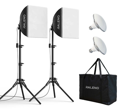 RALENO Softbox Lighting Kit, 2 x 16'' x 16'' Photography Studio Equipments with 50W / 5500K / 95 CRI LED Bulbs, Continuous Lighting System for Video Recording and Photography Shooting Model：PS080