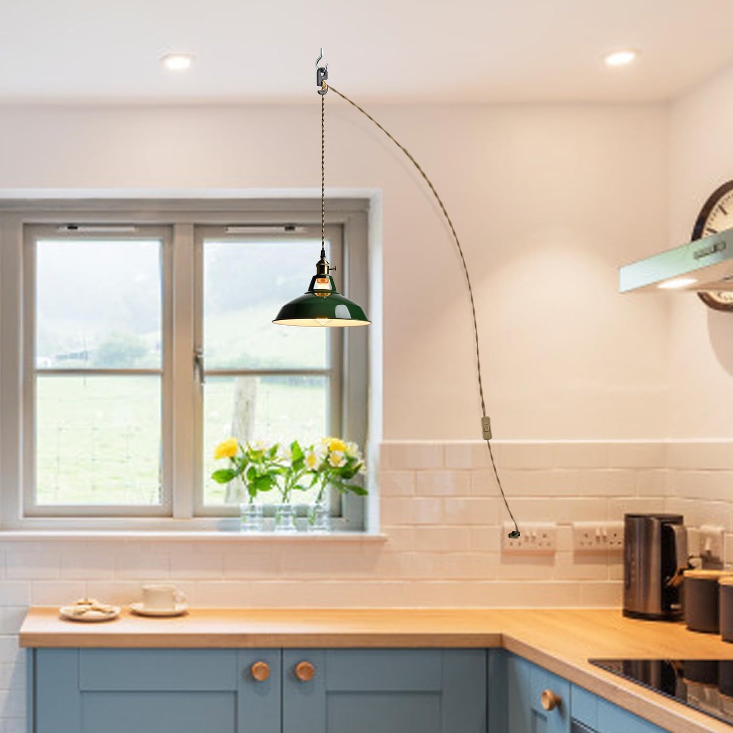 YUBOLE Modern Green Plug-in Pendant Light,Macarons Kitchen Hanging Swag Lighting, Metal Barn Shade with On-Off Switch Plug Cord Light for Bedroom Foyer Dining Bar